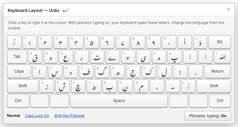 On-screen Urdu phonetic keyboard layout